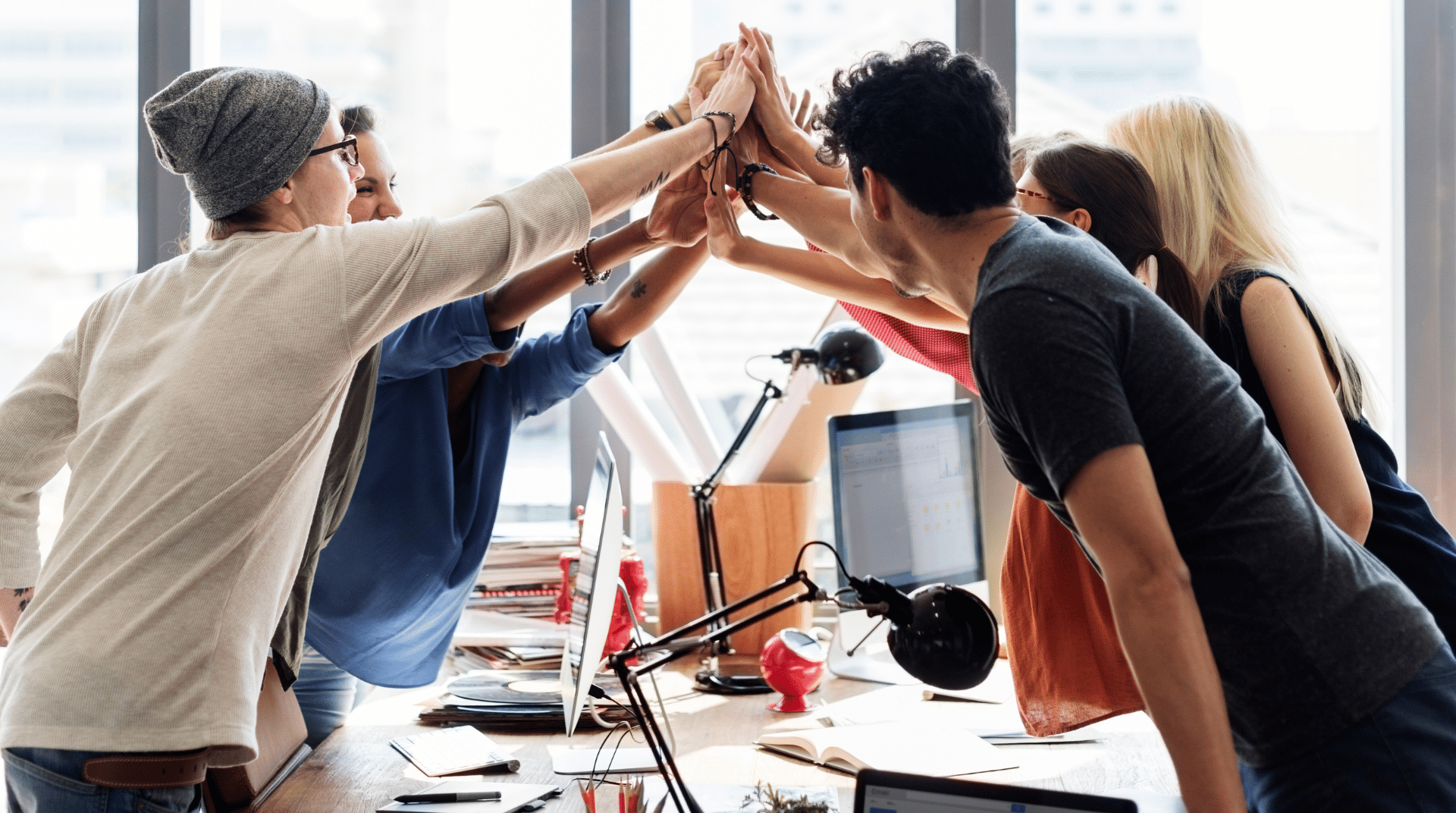 employees high fiving each other representing the benefits of social wellness